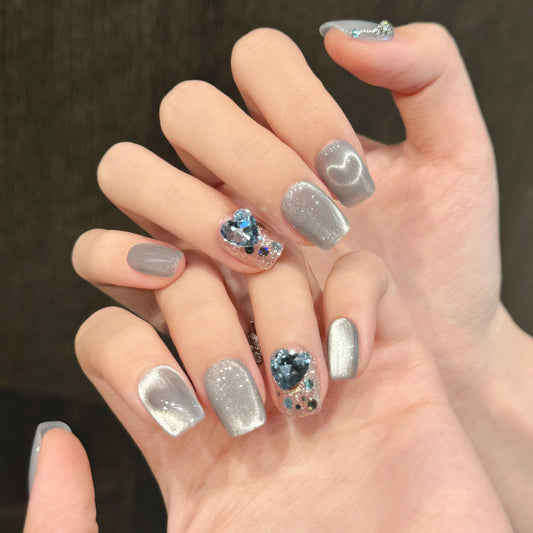 Uñas postizas personalizadas de ojo de gato azul con purpurina, 10 unidades, hechas a mano, con diamantes de imitación 