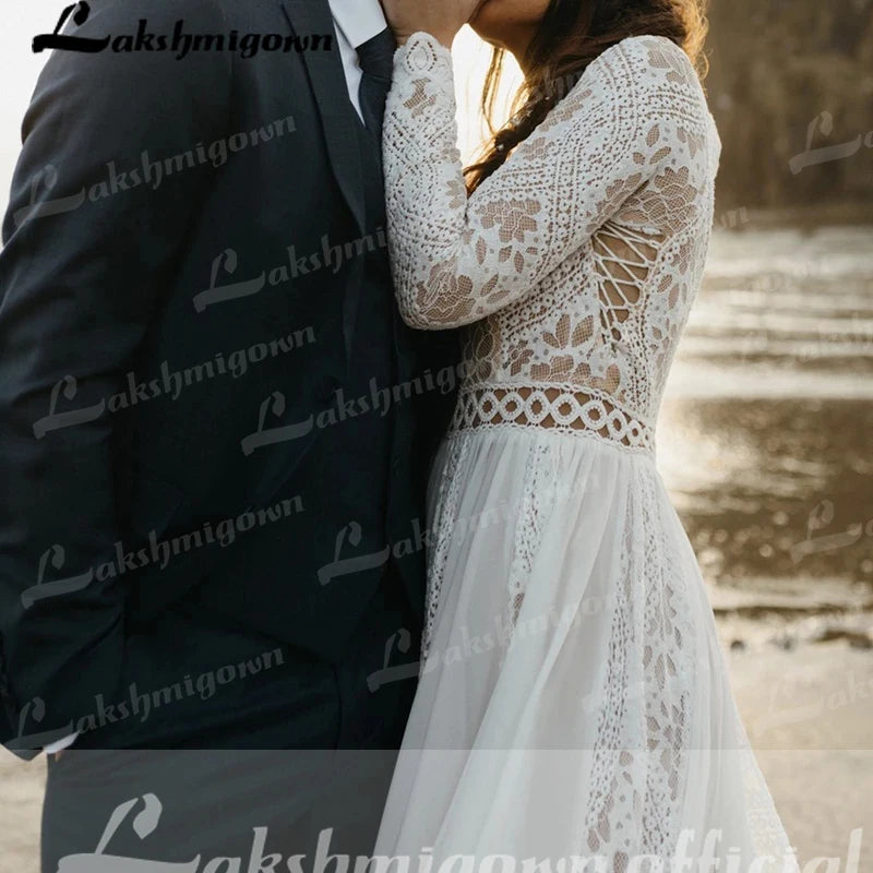 Boho Chiffon Wedding Dress Lace Long Sleeves Backless A Line Bridal Gown