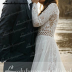 Boho Chiffon Wedding Dress Lace Long Sleeves Backless A Line Bridal Gown