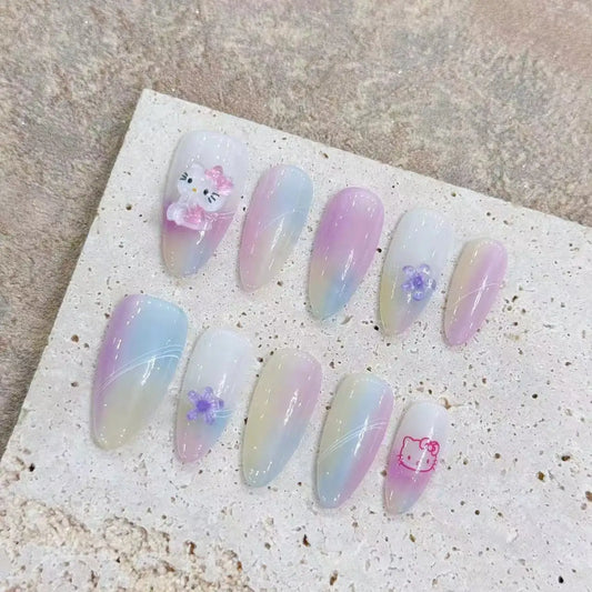 New Handmade GEL Press on Nails Cartoon Cute Hello Kitty Gradient Stick on Nail