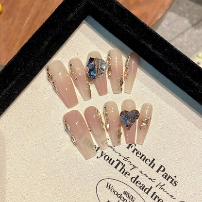 Nuevas uñas postizas desmontables extra largas con degradado, hechas a mano, con diamantes de imitación color piel, de lujo. 