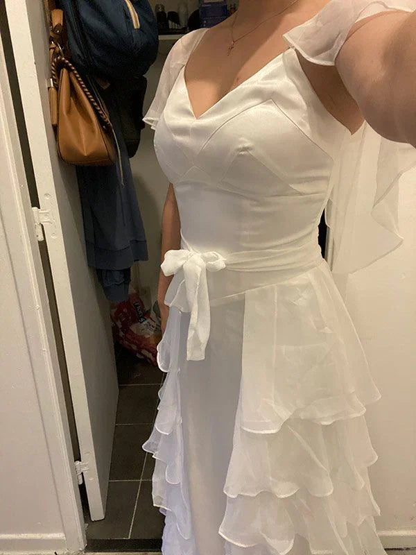Vestido longo de noite branco elegante com folhos e decote em V branco Vestido de noite Y5354