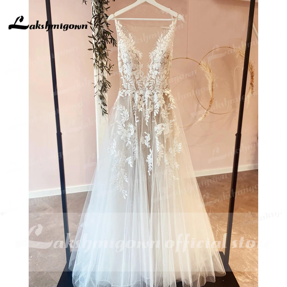 Custom A Line Backless Wedding Dress Featuring Beaded Lace Tulle