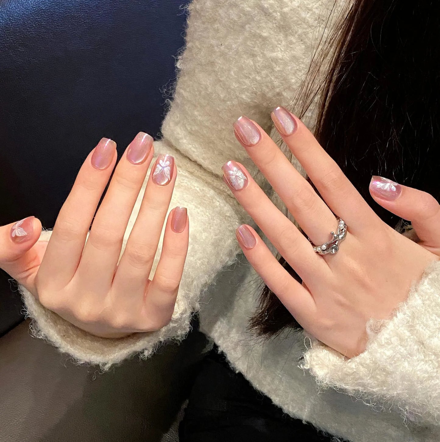 Shiny Full Cover Hand Painted butterfly pink Glitter Gel False Nails