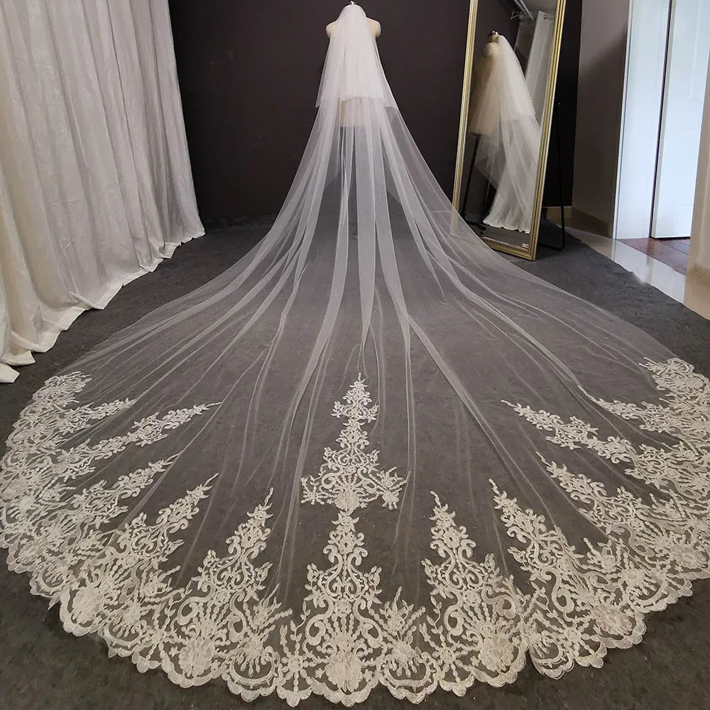 Custom Ivory Lace Wedding Veil With Comb And Blusher For Modern Bride