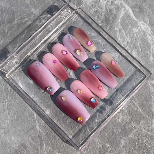 Gran oferta de pegatinas para uñas postizas de acrílico hechas a mano con diseño de sirena, burbujas y perlas, de longitud media, color macarrón, con degradado cuadrado. 