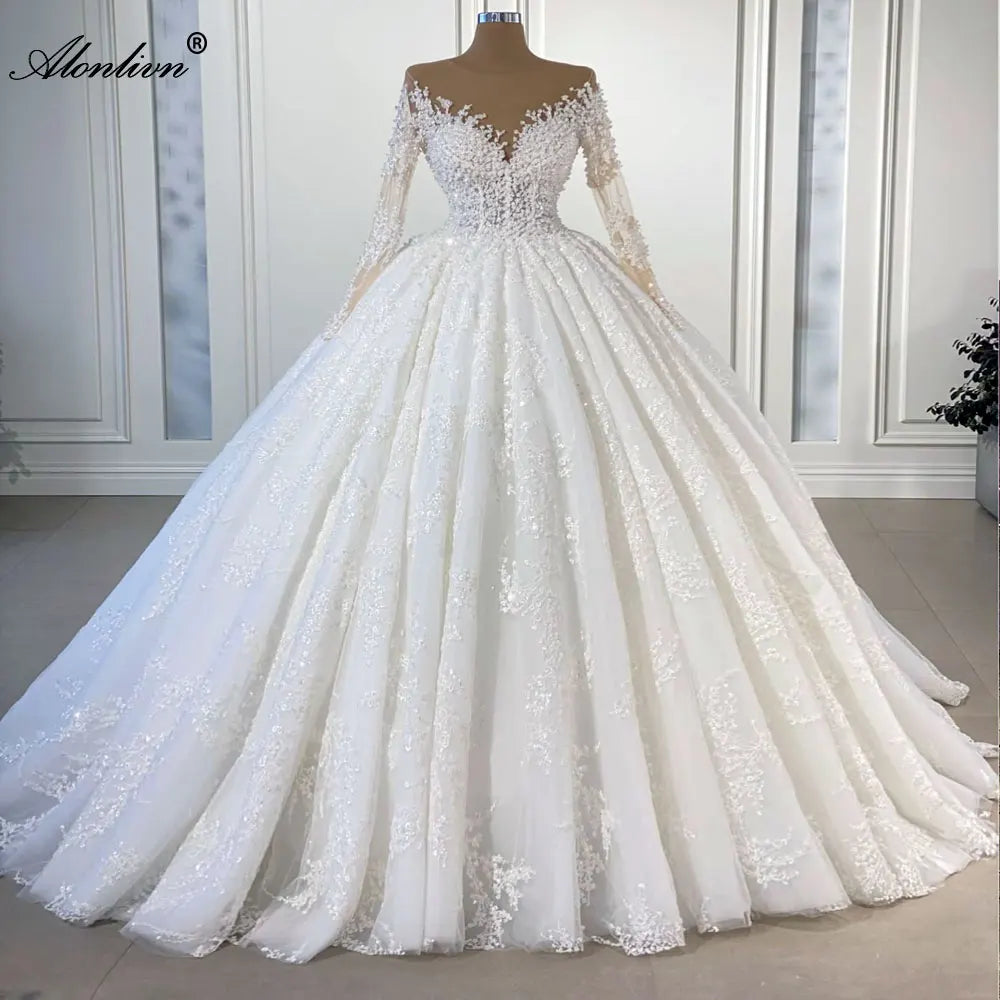 Alonlivn Elegant A Line Full Sleeve Lace Bridal Wedding Dress Pearls