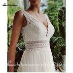 Custom Bohemian V Neck A Line Wedding Dress With Lace Trim