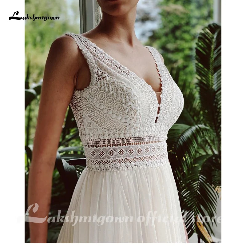 Custom Bohemian V Neck A Line Wedding Dress With Lace Trim