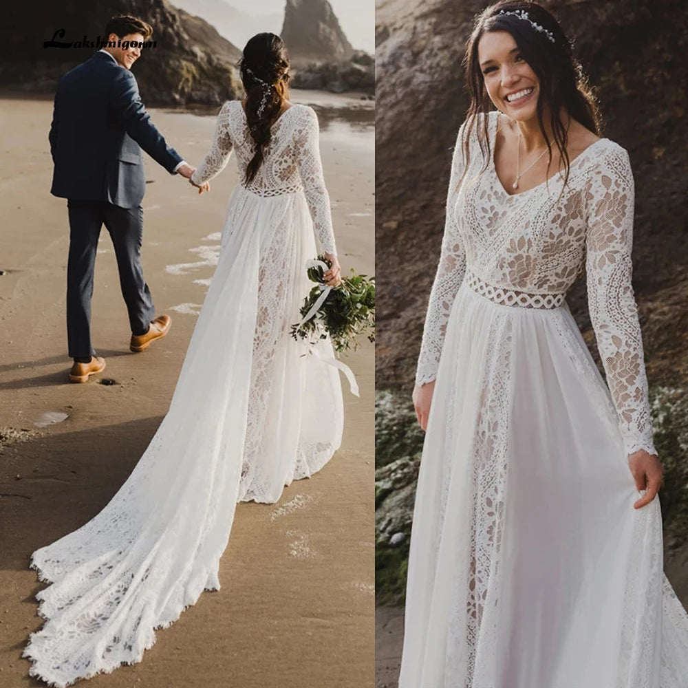 Boho Chiffon Wedding Dress Lace Long Sleeves Backless A Line Bridal Gown