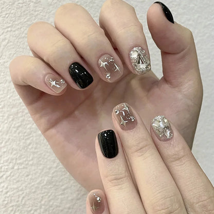 Luxury Black Explosive Diamond Four-pointed Star Blooming Short Removable False Nails