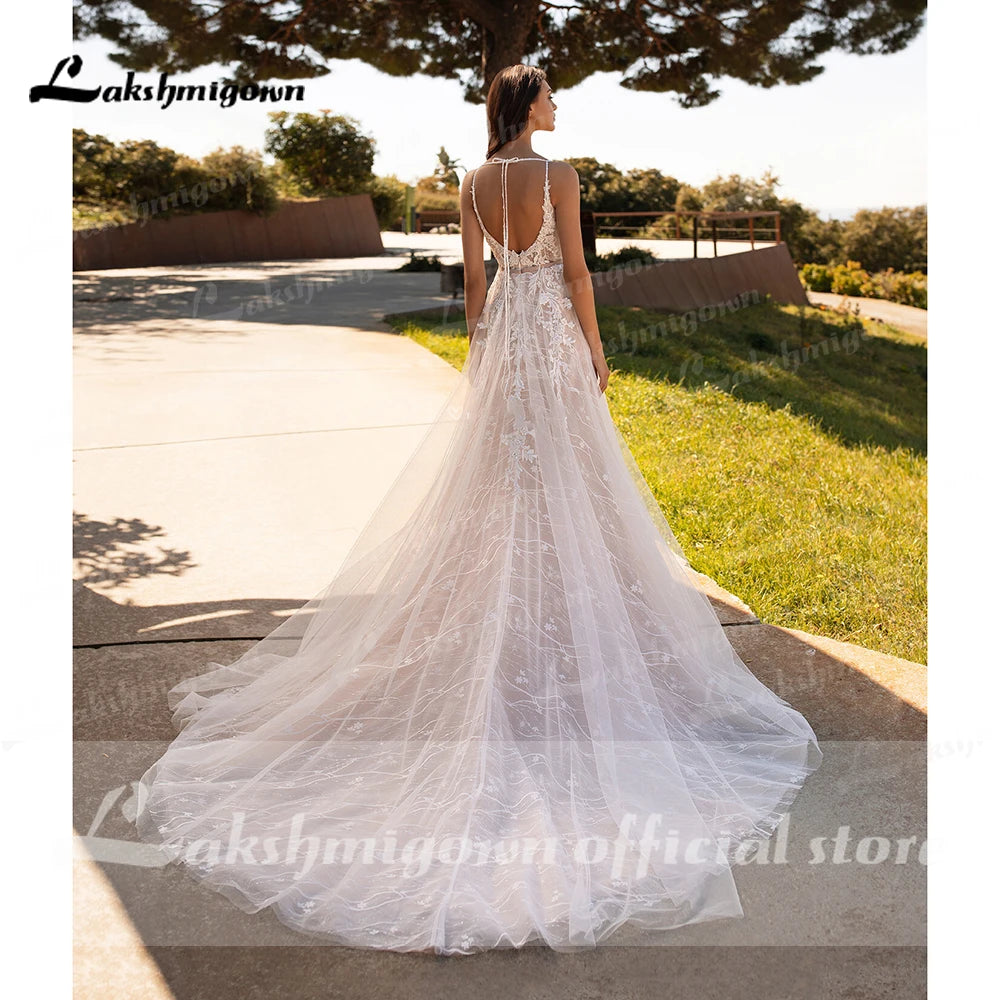 Boho Wedding Dress With Slit Backless Lace Bridal Gown Custom Made