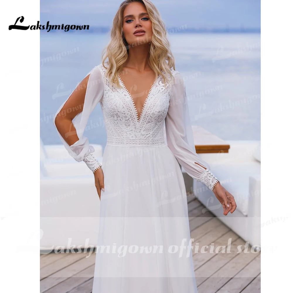 Vintage Lace Chiffon Boho Wedding Dress Custom Made Long Bridal Gown