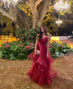 Abito da sera elegante bordeaux a linea ad A con balze Y5878