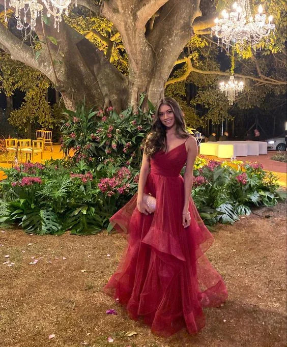 Abito da sera elegante bordeaux a linea ad A con balze Y5878