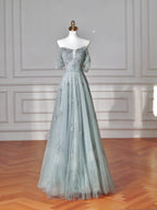 Vestito da sera a linea A con scollo quadrato verde chiaro, tulle e perline, abito da ballo Y8612