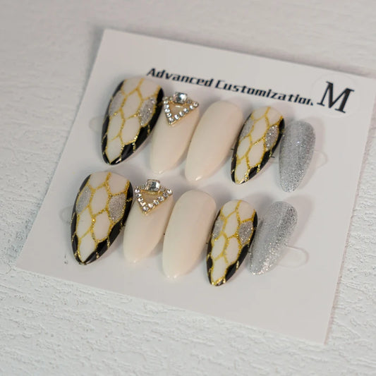 Snake Almond Hand Painted Long Coffins Hand Pressed Nails Repeatable Detachable Nails