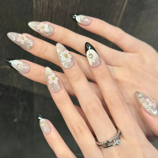 10 uñas postizas acrílicas de diseño hechas a mano, diseño francés, diseño de flores 3D, almendras. 