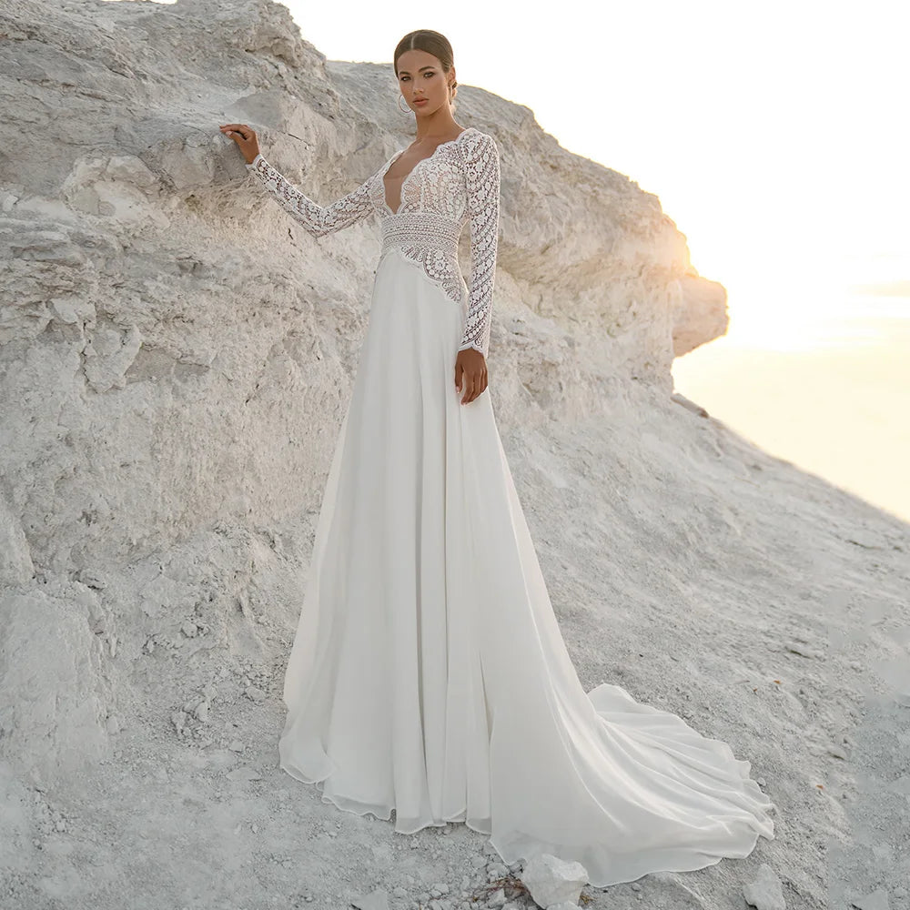 Customized Boho Wedding Dress Long Sleeves Lace Backless Summer Bridal Gown
