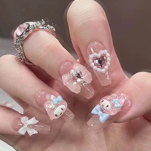 Uñas postizas de gel rosa de dibujos animados, hermosas uñas kawaii lindas, uñas adhesivas 