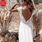Boho Short Sleeve Chiffon Wedding Dress With Lace Appliques