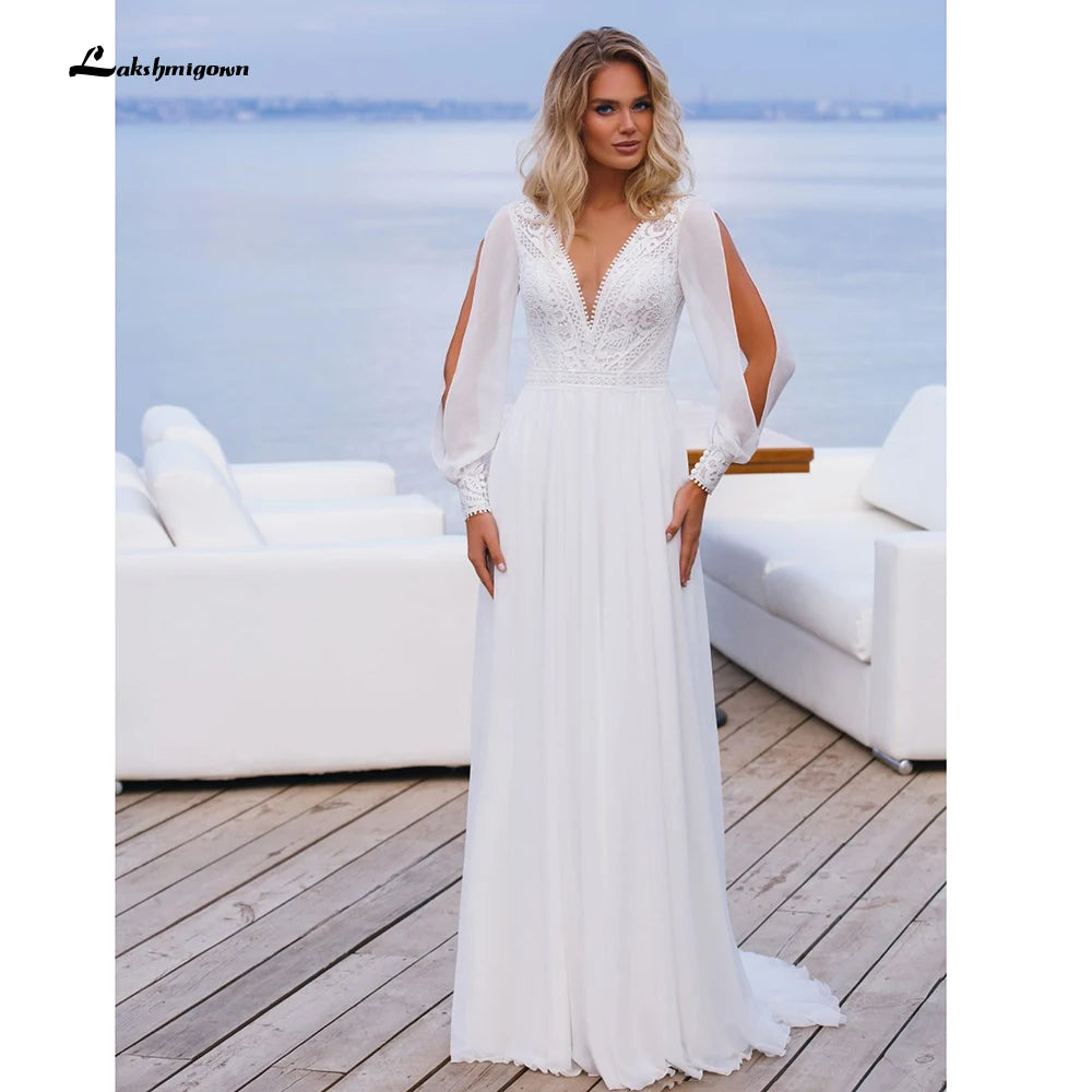 Vintage Lace Chiffon Boho Wedding Dress Custom Made Long Bridal Gown