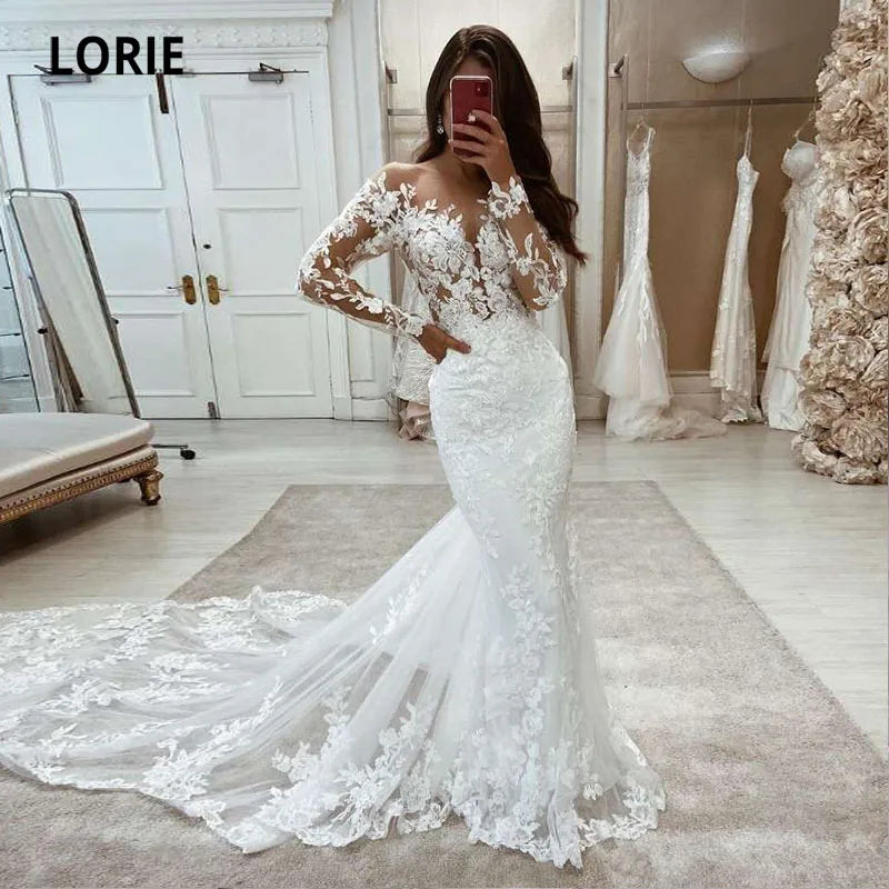 Luxury Boho Mermaid Wedding Dress Long Sleeve Lace Ivory Bridal Gown