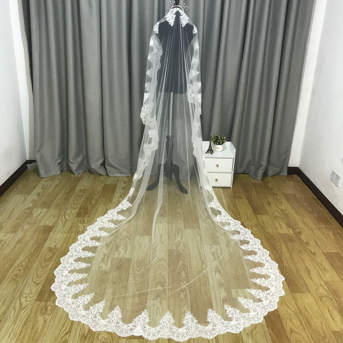 Ivory Cathedral Wedding Veil With Lace Face Cover And Sequin Details Comb