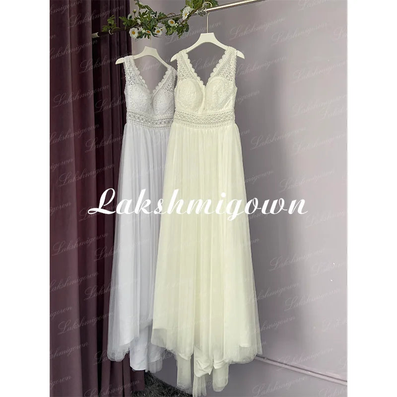 Custom Bohemian V Neck A Line Wedding Dress With Lace Trim
