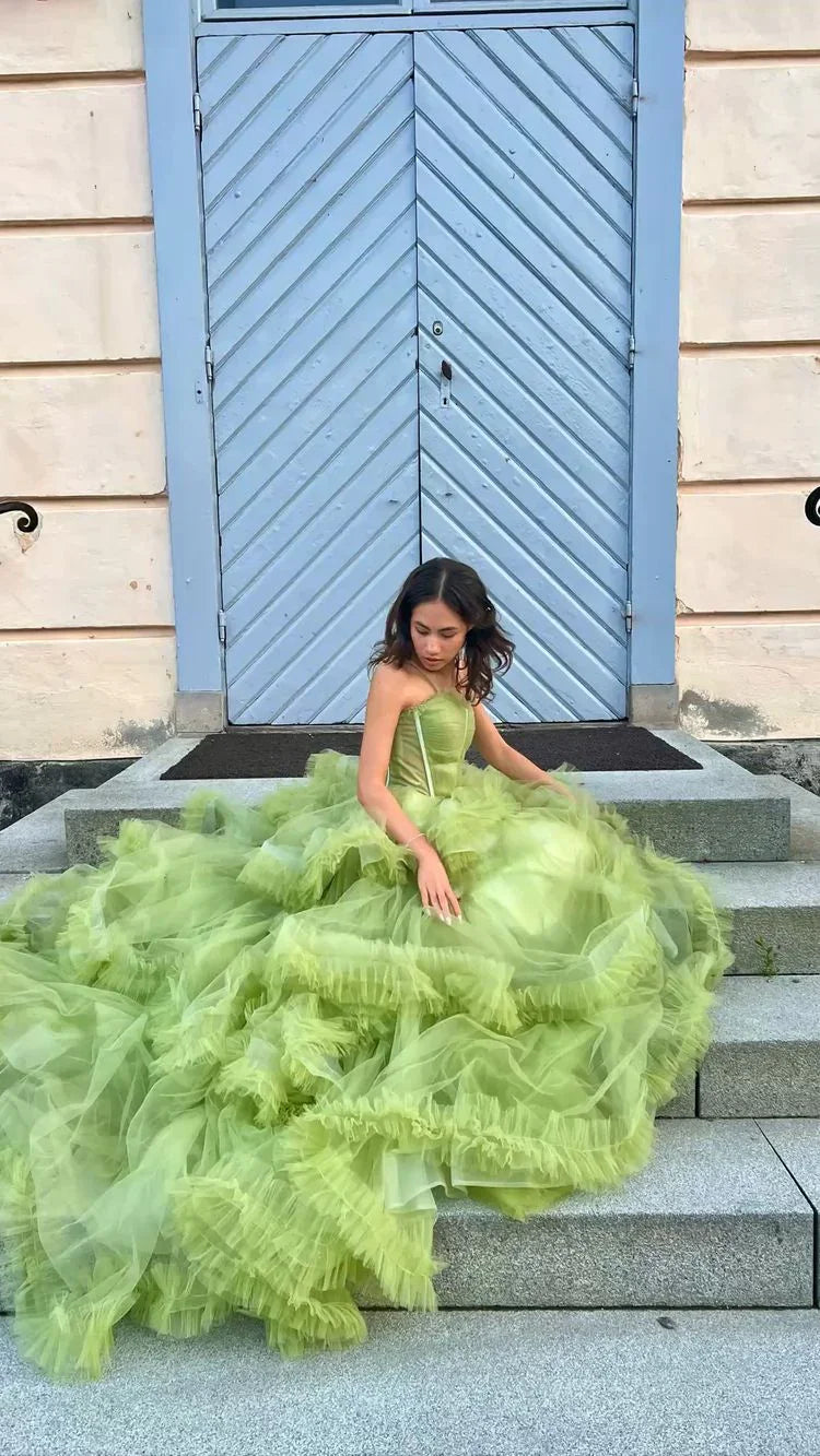 Abiti lunghi da sera in tulle verde, abiti formali da sera a linea ad A Y2029