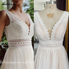 Custom Bohemian V Neck A Line Wedding Dress With Lace Trim