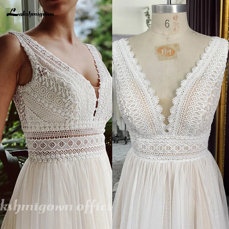 Custom Bohemian V Neck A Line Wedding Dress With Lace Trim