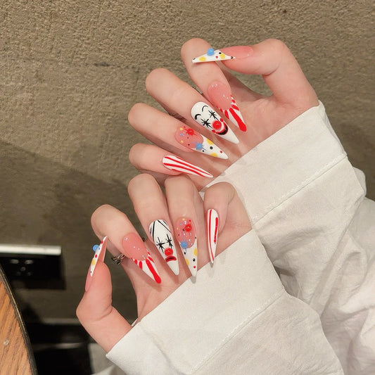 Latest High Quality ABS Detachable Press on Nails Hand Drawn Clown Artificial Nails Gel False Nails