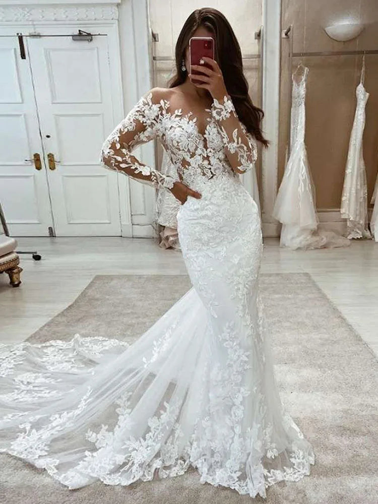 Luxury Boho Mermaid Wedding Dress Long Sleeve Lace Ivory Bridal Gown