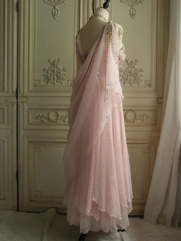 Vestido de Festa Vintage Rosa Antigo em Chiffon com Um Ombro Só, Modelo Linha A Y7791