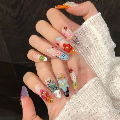 Uñas postizas acrílicas reutilizables, uñas postizas color nude, uñas postizas francesas almendradas 