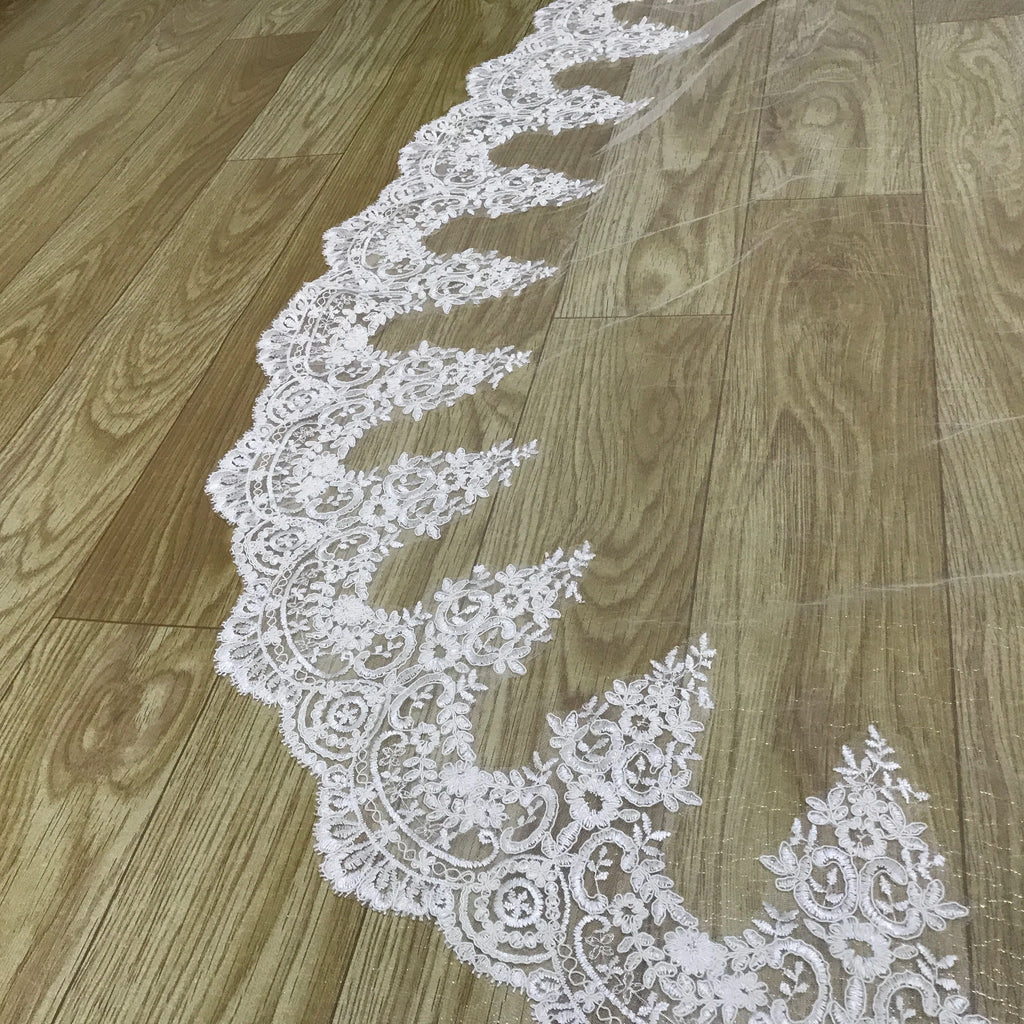 Ivory Cathedral Wedding Veil With Lace Face Cover And Sequin Details Comb