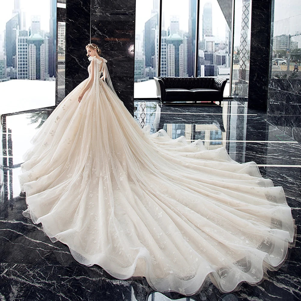 Elegant Crystal Lace V Neck Ball Gown Wedding Dress With Chapel Train