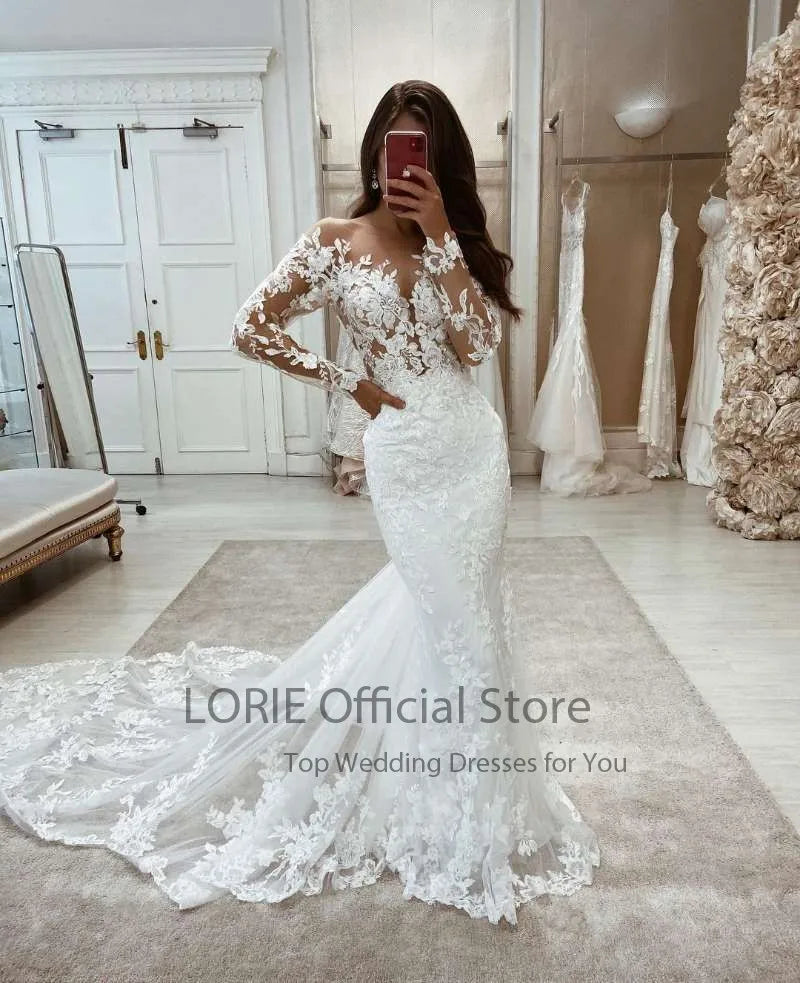 Luxury Boho Mermaid Wedding Dress Long Sleeve Lace Ivory Bridal Gown