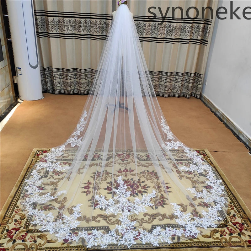 Cathedral Lace Edge Bridal Veil With Ivory Comb One Layer Tulle Wedding