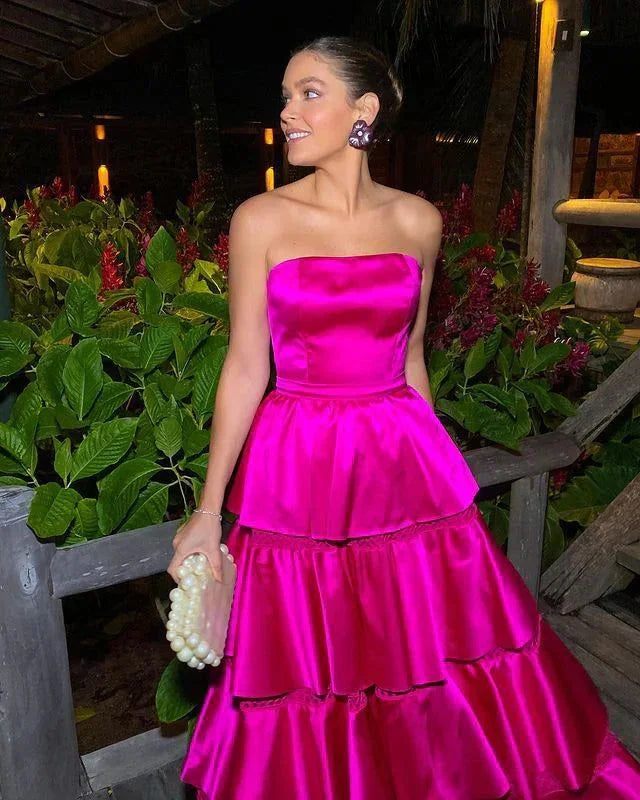 Bellissimo abito da festa senza spalline in raso a balze Rosa acceso abito da sera a linea ad A Y8003