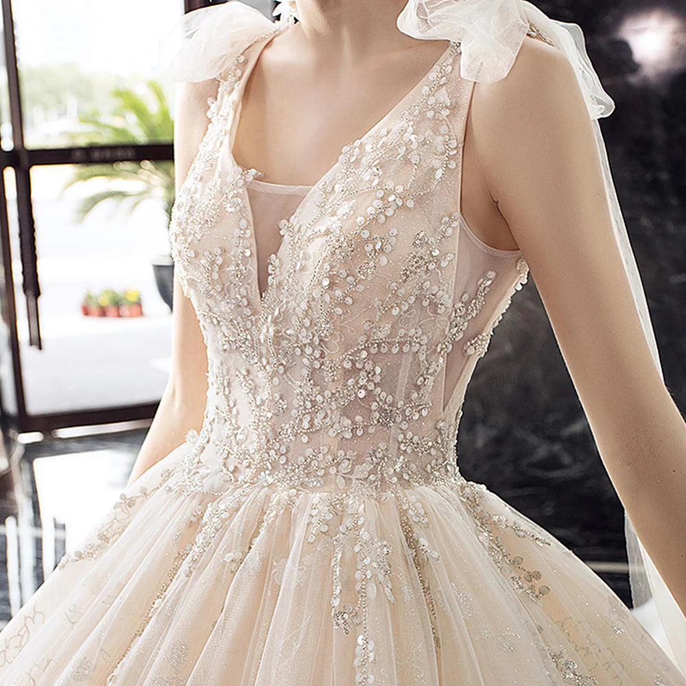 Elegant Crystal Lace V Neck Ball Gown Wedding Dress With Chapel Train