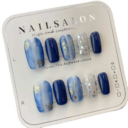Fashion Blue Starry Sky Full Cover Removable Finished Hand Painted False Nail Patch Manicure
