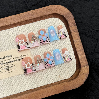 Diseño personalizado de marca propia, diseño corto de pico de pato 3D floral, arte de uñas hecho a mano 