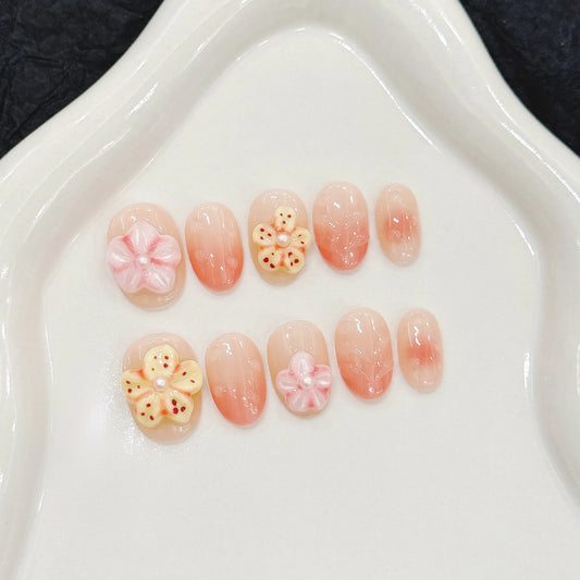 Uñas cortas desmontables con flores moldeadas a mano para vacaciones de verano en la playa 
