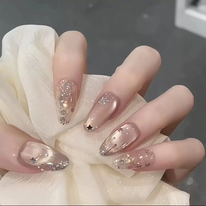 Uñas postizas acrílicas reutilizables, uñas postizas color nude, uñas postizas francesas almendradas 