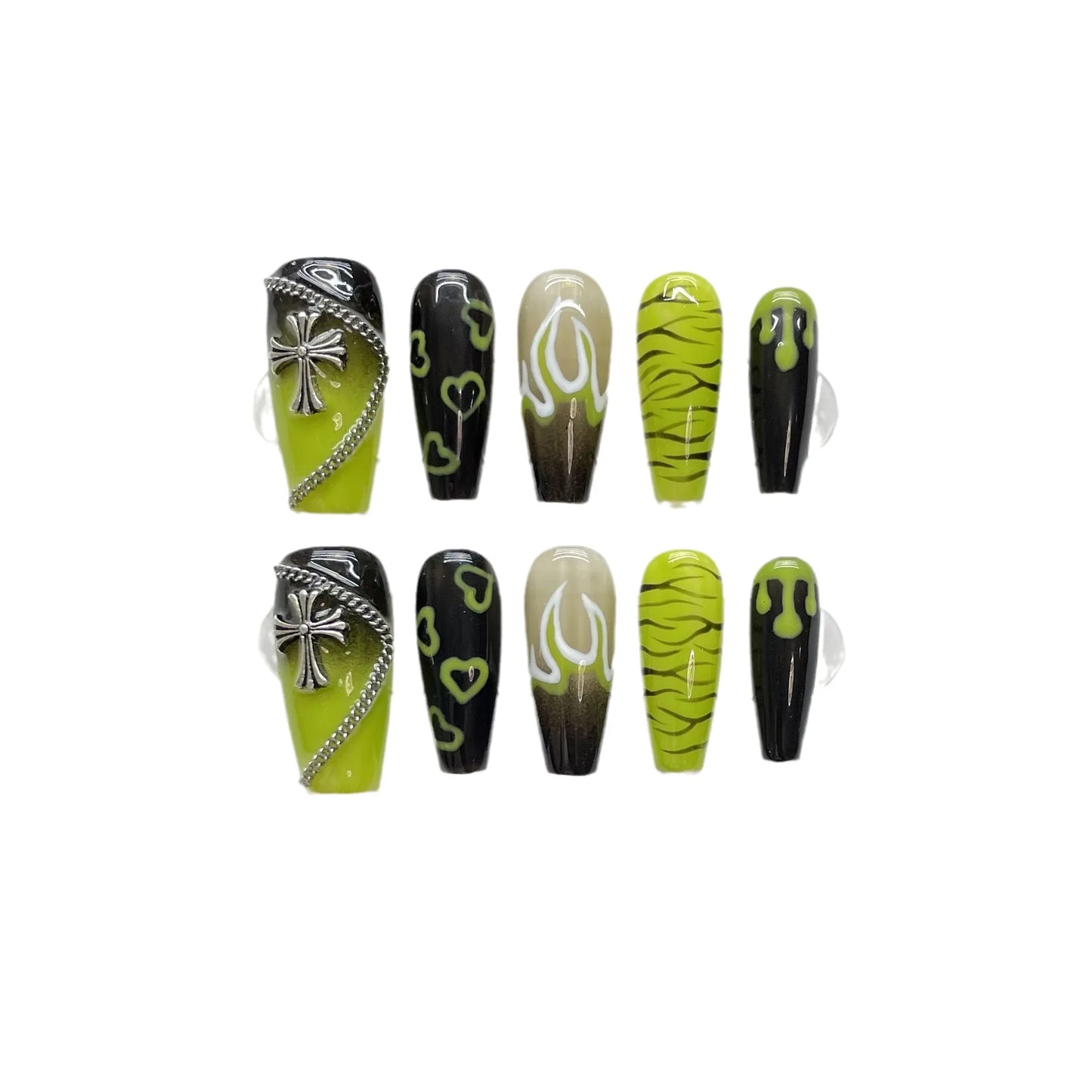 Forest Elf Green Premium White Hand Painted Nail Removable Press on Nail