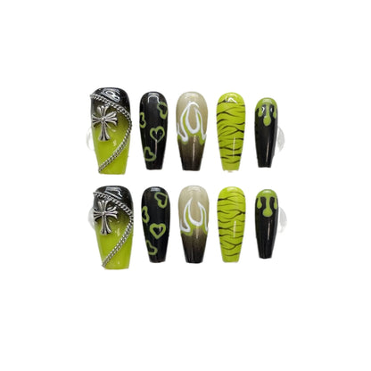 Forest Elf Green Premium White Hand Painted Nail Removable Press on Nail