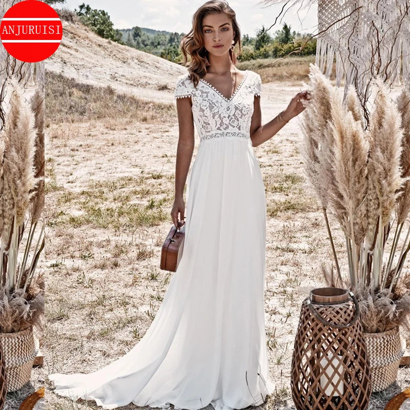 Boho Short Sleeve Chiffon Wedding Dress With Lace Appliques