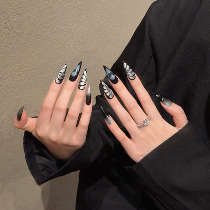 Uñas postizas de mariposa negra ABS con diseño de ojos de gato, dulces, geniales y sexys. 